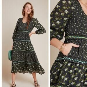 Anthropologie Karoline Floral Tiered Midi Dress Braided Trim Black Green Sz 8